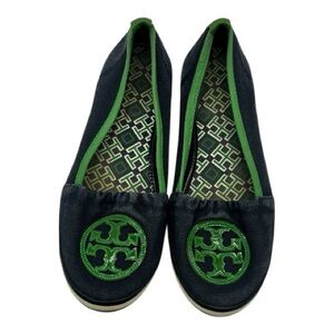 Tory Burch Navy Blue Slip alb Loafers w/ Green Logo 8.5